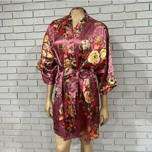 Women's Floral Satin Kimono Short Robe With Pockets‎